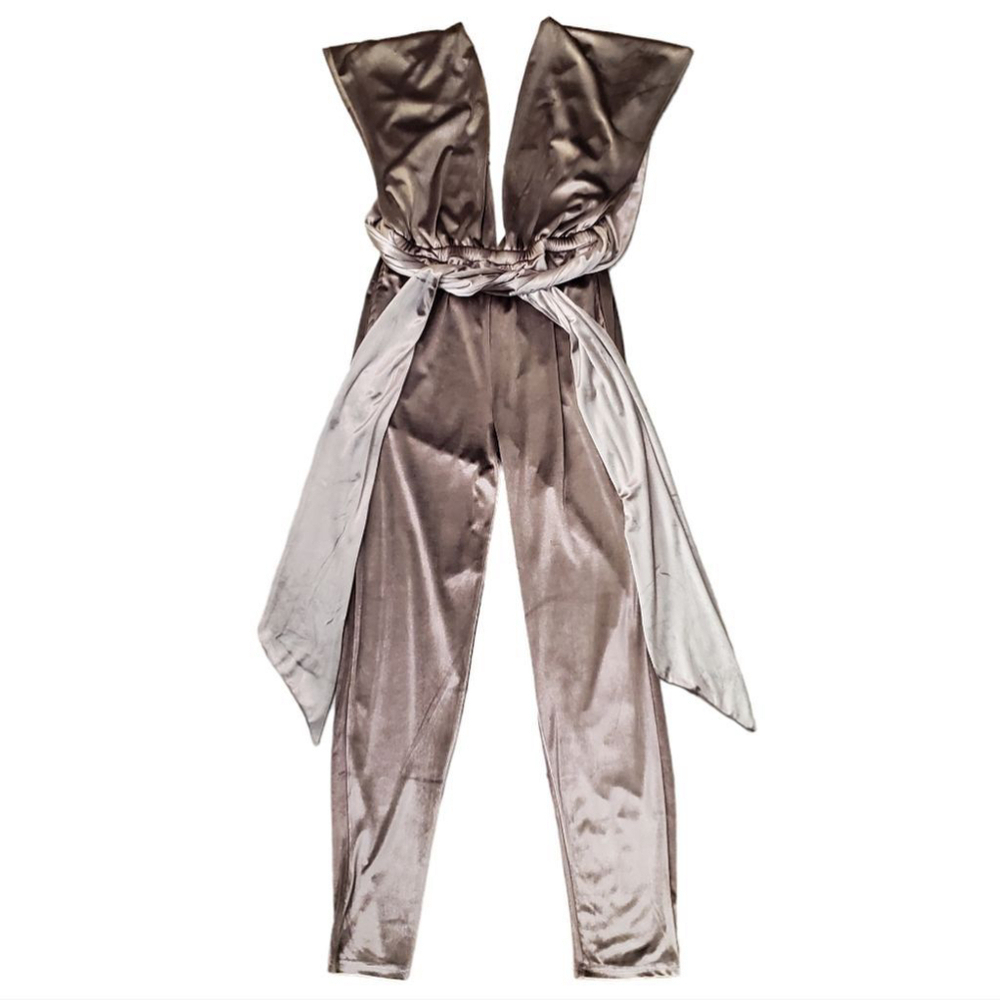 Zafira Multi-Way Tie Adjustable Stretch Velore Jumpsuit Grey Silver Metallic(XS)